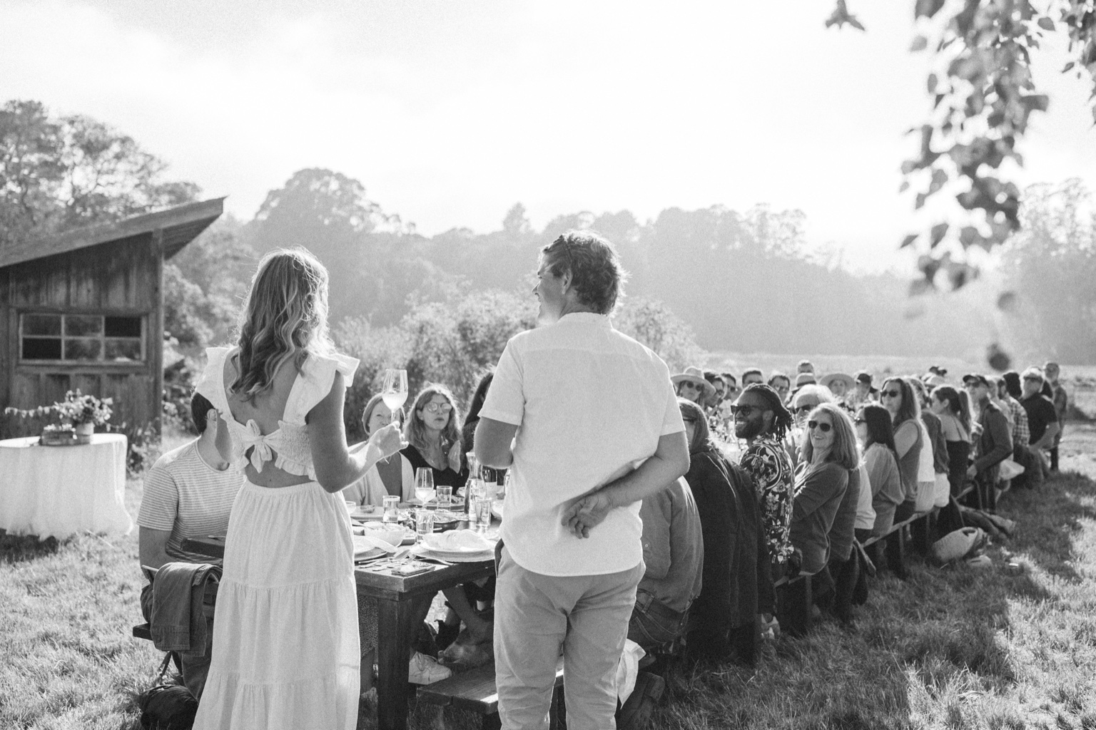 Guests gathered at a long outdoor dinner table.